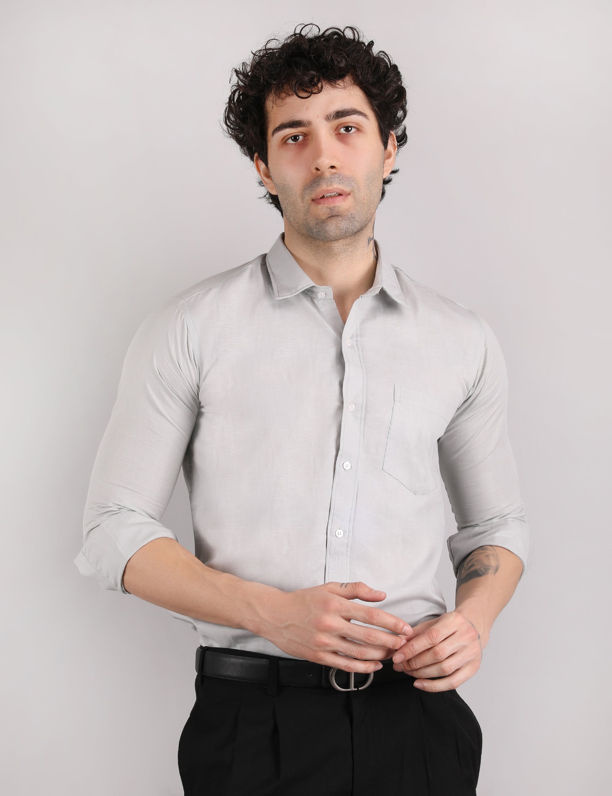 Silkyester Men's Solid Grey Linen Shirt | Lightweight Breathable Full Sleeve Casual & Office Wear Shirt for Summer