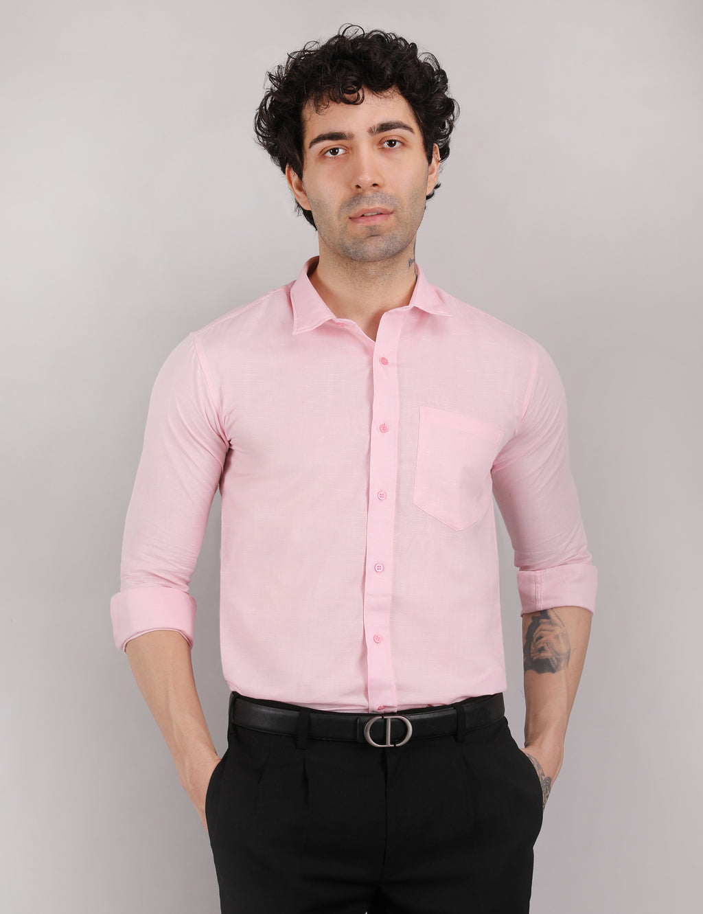 Mens Solid Linen Shirt | Lightweight Breathable Full Sleeve Shirt for Office Casual and Summer Wear | Pink Size