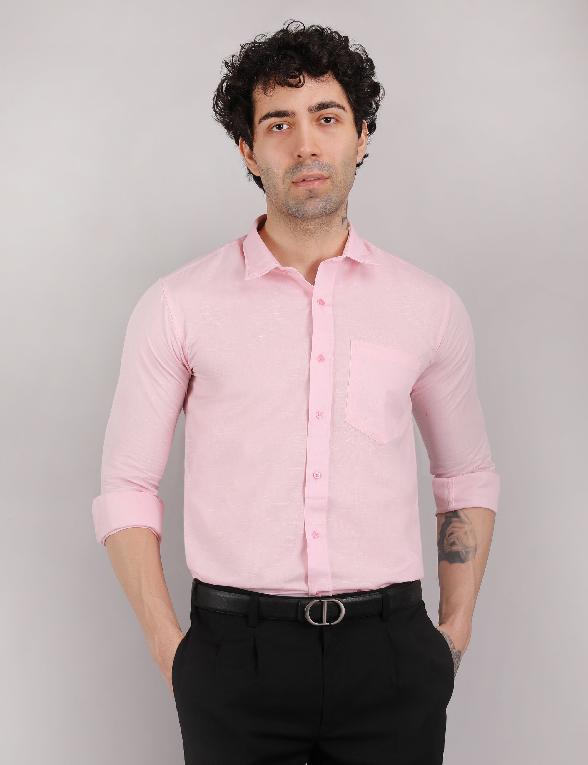 Mens Solid Linen Shirt | Lightweight Breathable Full Sleeve Shirt for Office Casual and Summer Wear | Pink Size