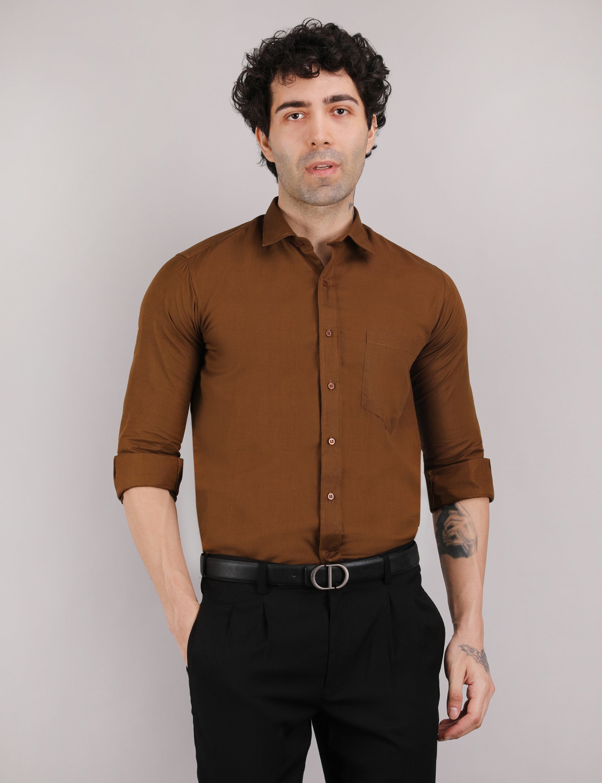Mens Solid Linen Shirt | Lightweight Breathable Full Sleeve Shirt for Office Casual and Summer Wear | Brown