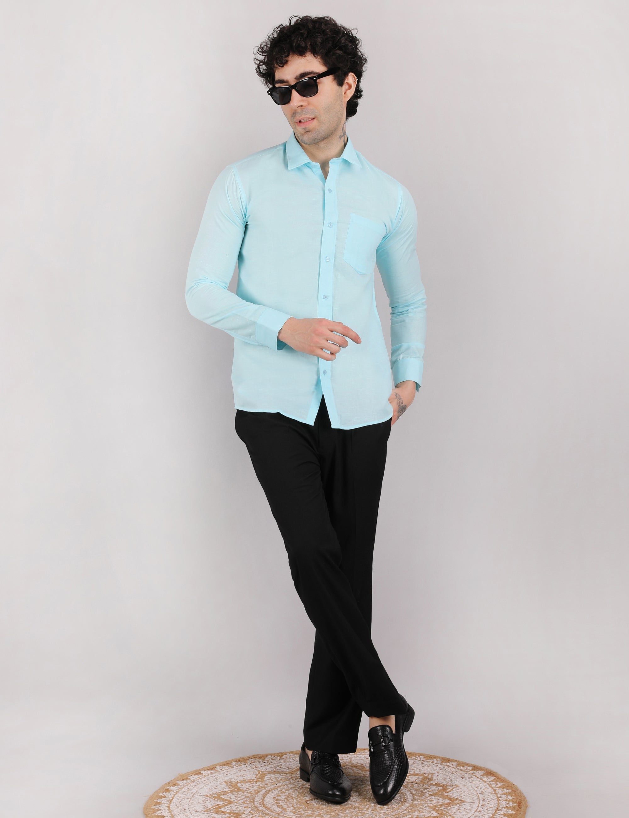Mens Solid Linen Shirt | Lightweight Breathable Full Sleeve Shirt for Office Casual and Summer Wear | Sky Blue Size