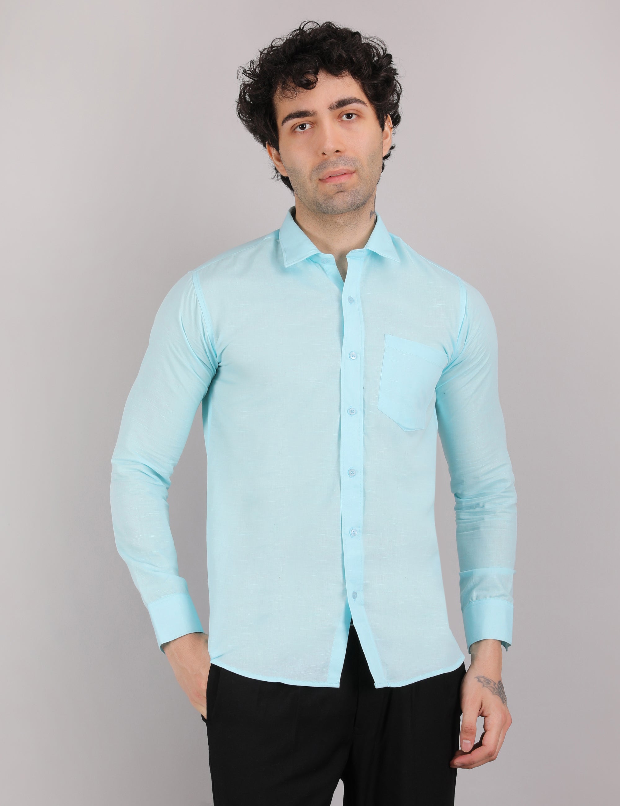 Mens Solid Linen Shirt | Lightweight Breathable Full Sleeve Shirt for Office Casual and Summer Wear | Sky Blue Size