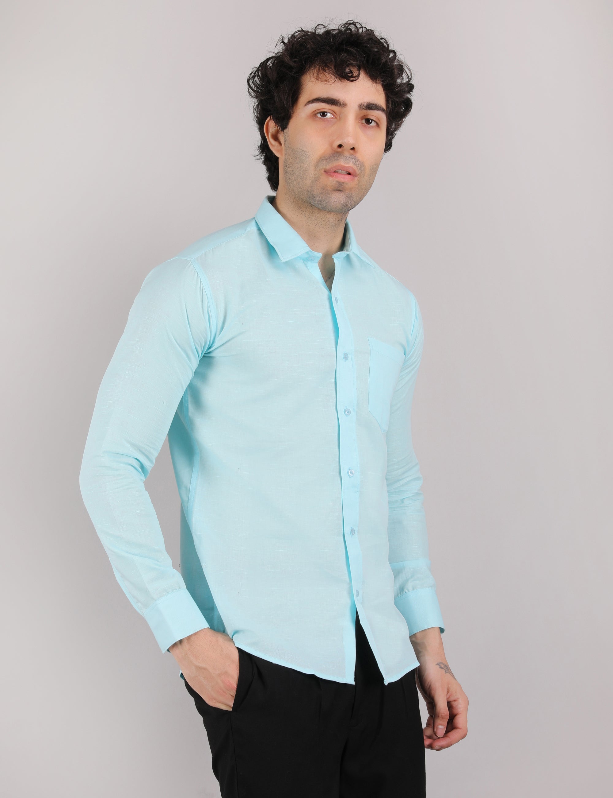 Mens Solid Linen Shirt | Lightweight Breathable Full Sleeve Shirt for Office Casual and Summer Wear | Sky Blue Size