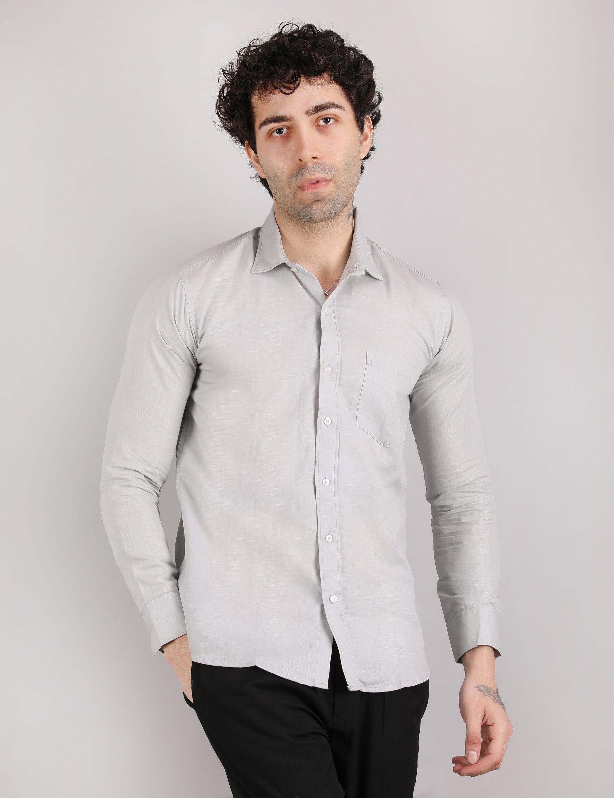 Silkyester Men's Solid Grey Linen Shirt | Lightweight Breathable Full Sleeve Casual & Office Wear Shirt for Summer