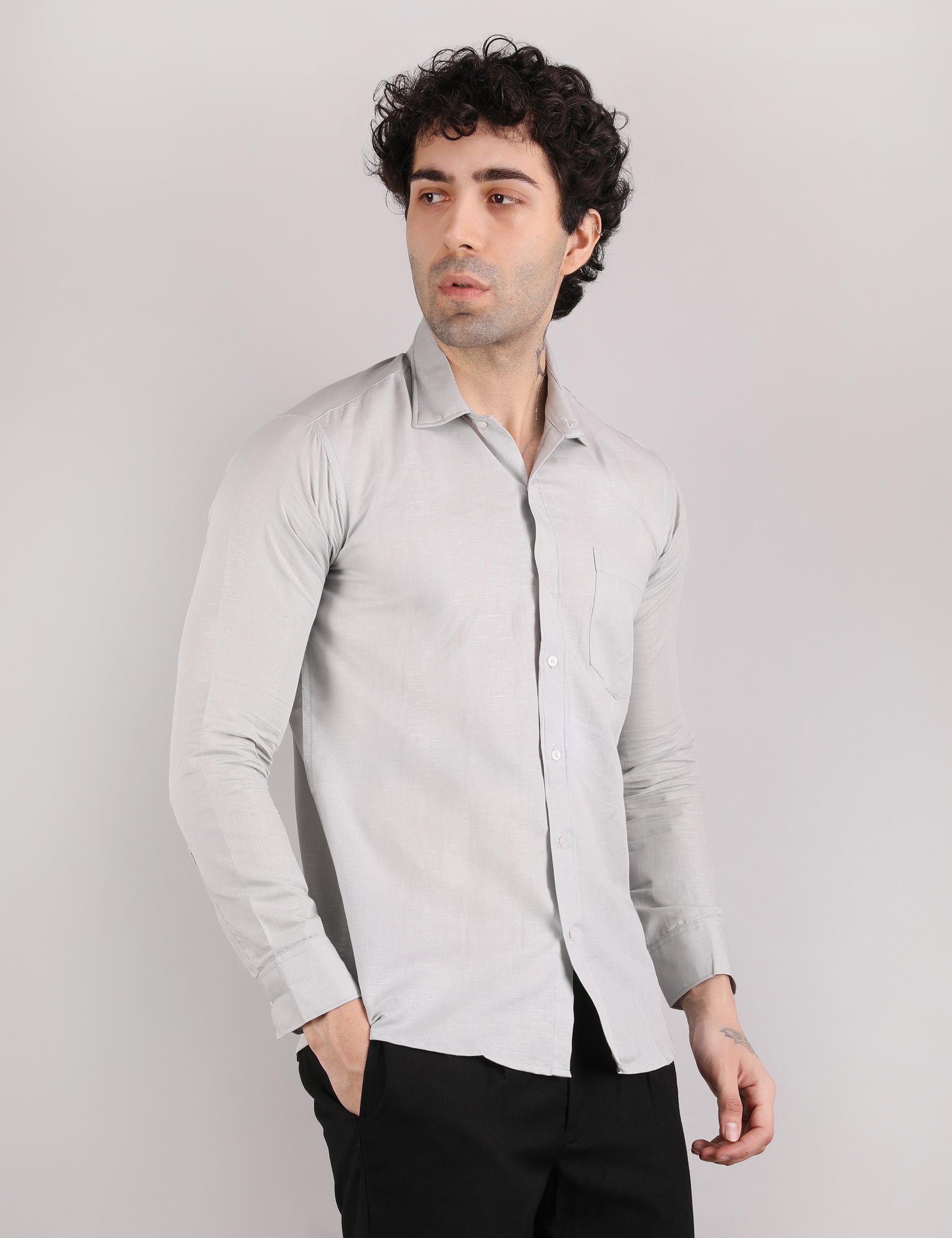 Silkyester Men's Solid Grey Linen Shirt | Lightweight Breathable Full Sleeve Casual & Office Wear Shirt for Summer