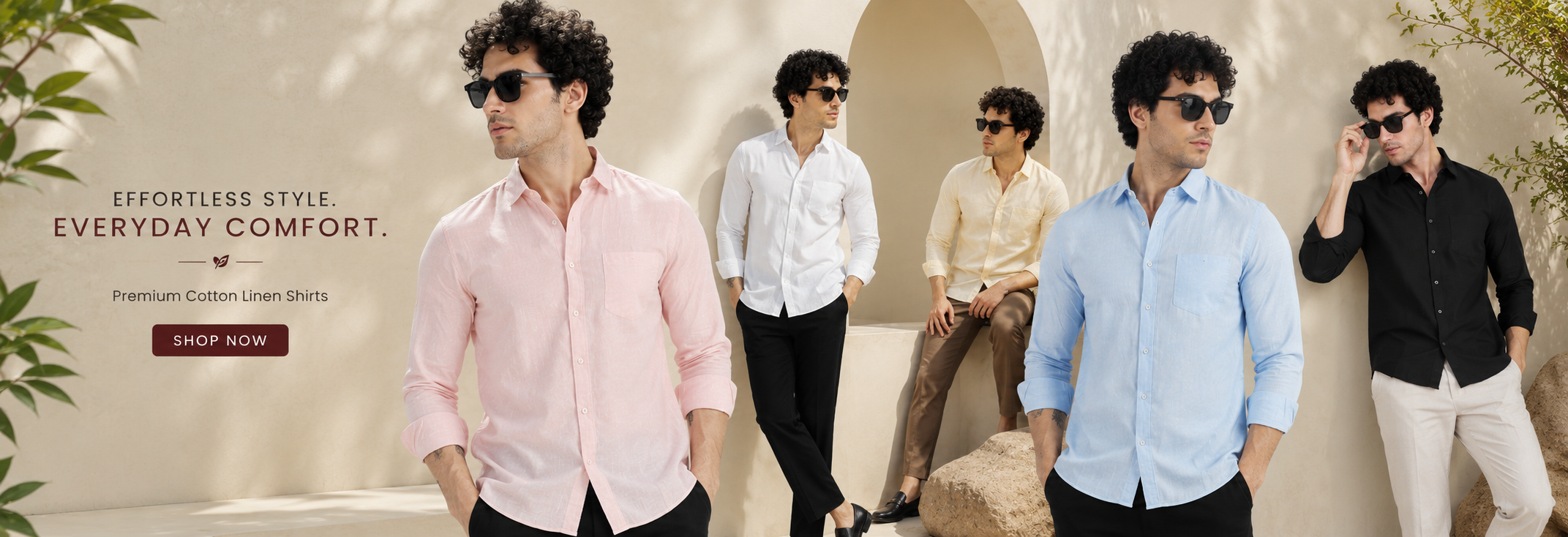 Men wearing light-colored shirts and sunglasses in a promotional setting.